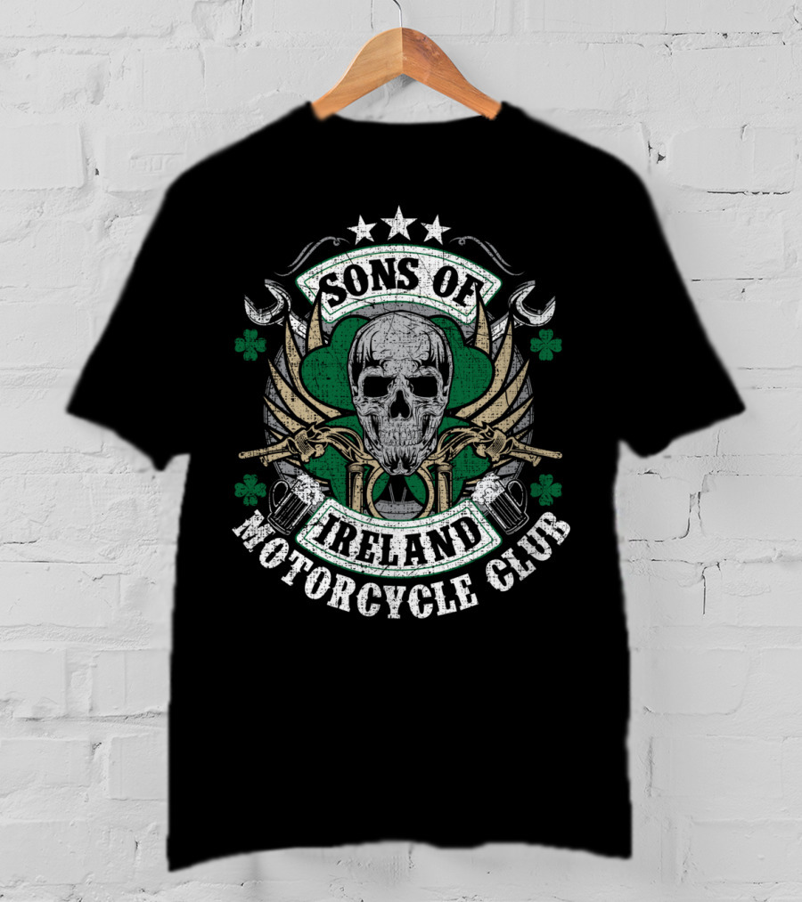 Sons Of Ireland Motorcycle Club Skull Shamrock Wings Biker T-Shirt