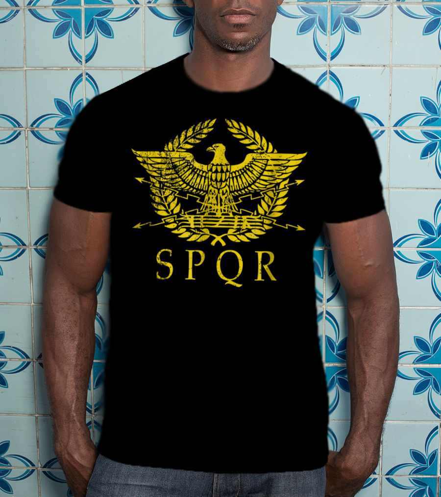 SPQR Distressed Ancient Rome Gold Eagle Laurel Emblem T-Shirt