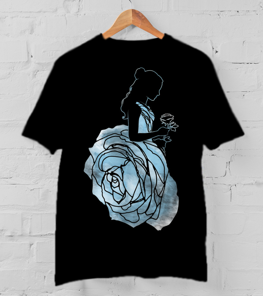 Disney Beauty And The Beast Belle Silhouette Blue Rose Dress T-Shirt