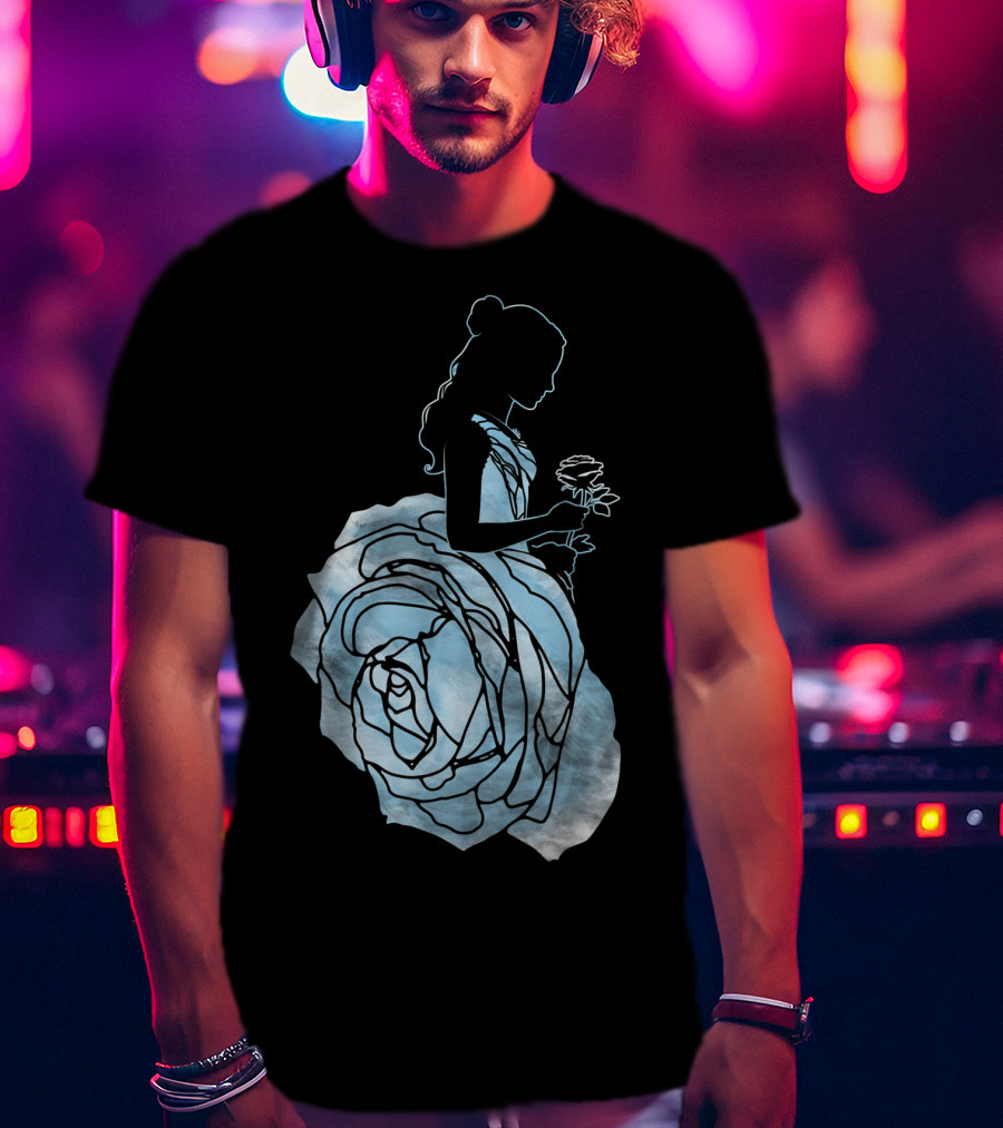 Disney Beauty And The Beast Belle Silhouette Blue Rose Dress T-Shirt