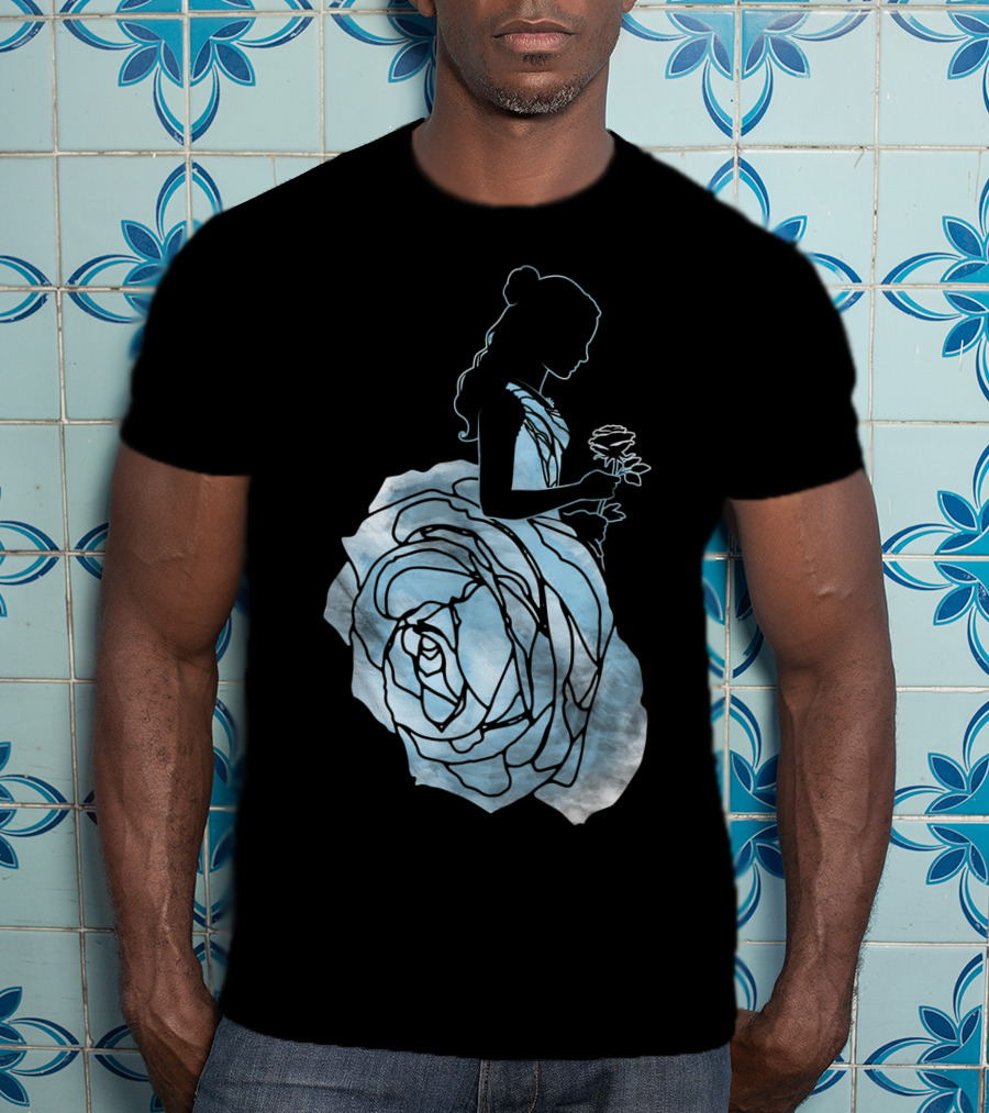 Disney Beauty And The Beast Belle Silhouette Blue Rose Dress T-Shirt