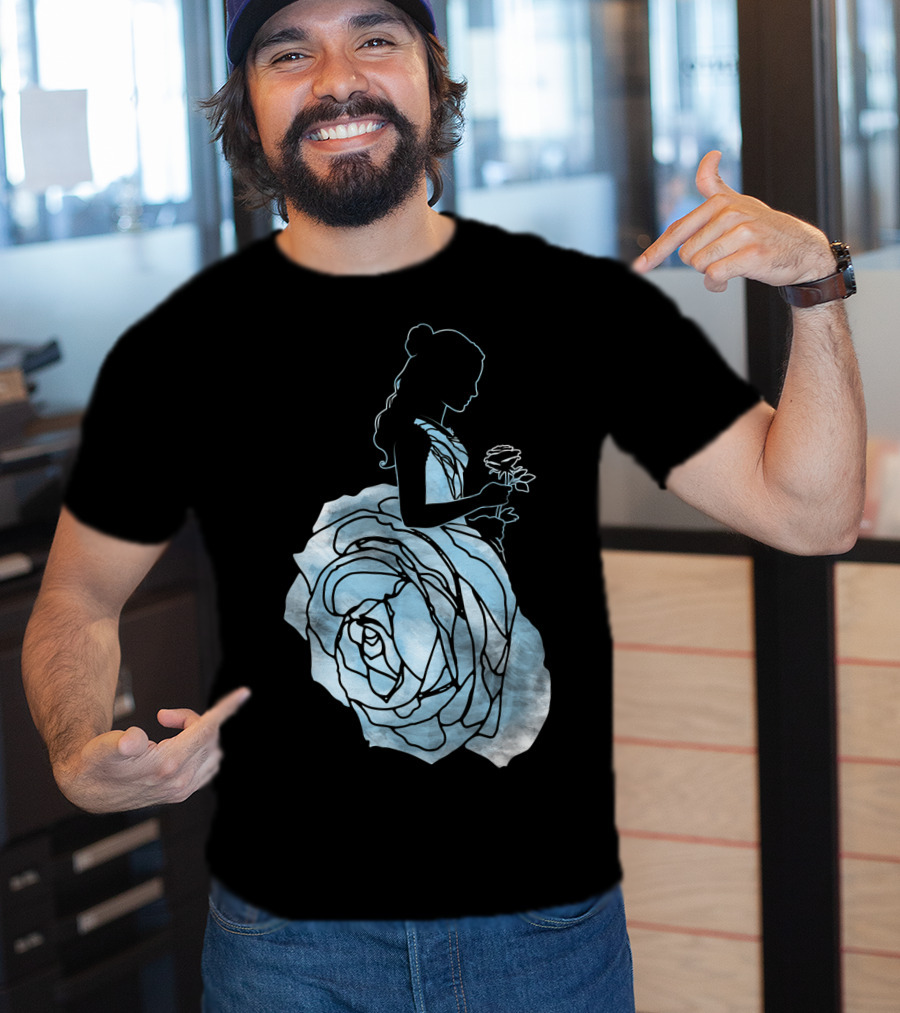 Disney Beauty And The Beast Belle Silhouette Blue Rose Dress T-Shirt