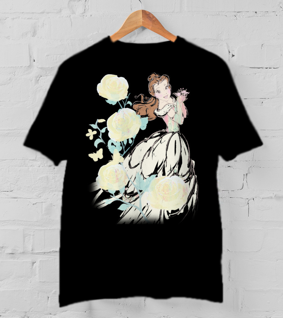 Disney Beauty The Beast Belle Yellow Watercolor Rose Butterfly T-Shirt