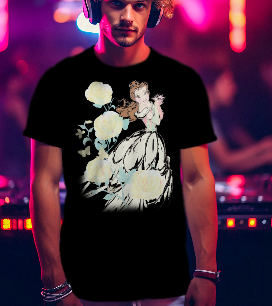 Disney Beauty The Beast Belle Yellow Watercolor Rose Butterfly T-Shirt