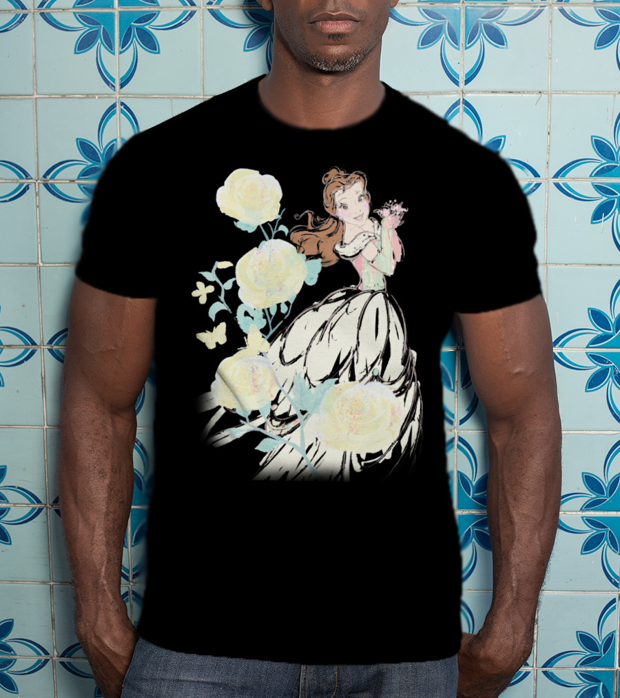 Disney Beauty The Beast Belle Yellow Watercolor Rose Butterfly T-Shirt