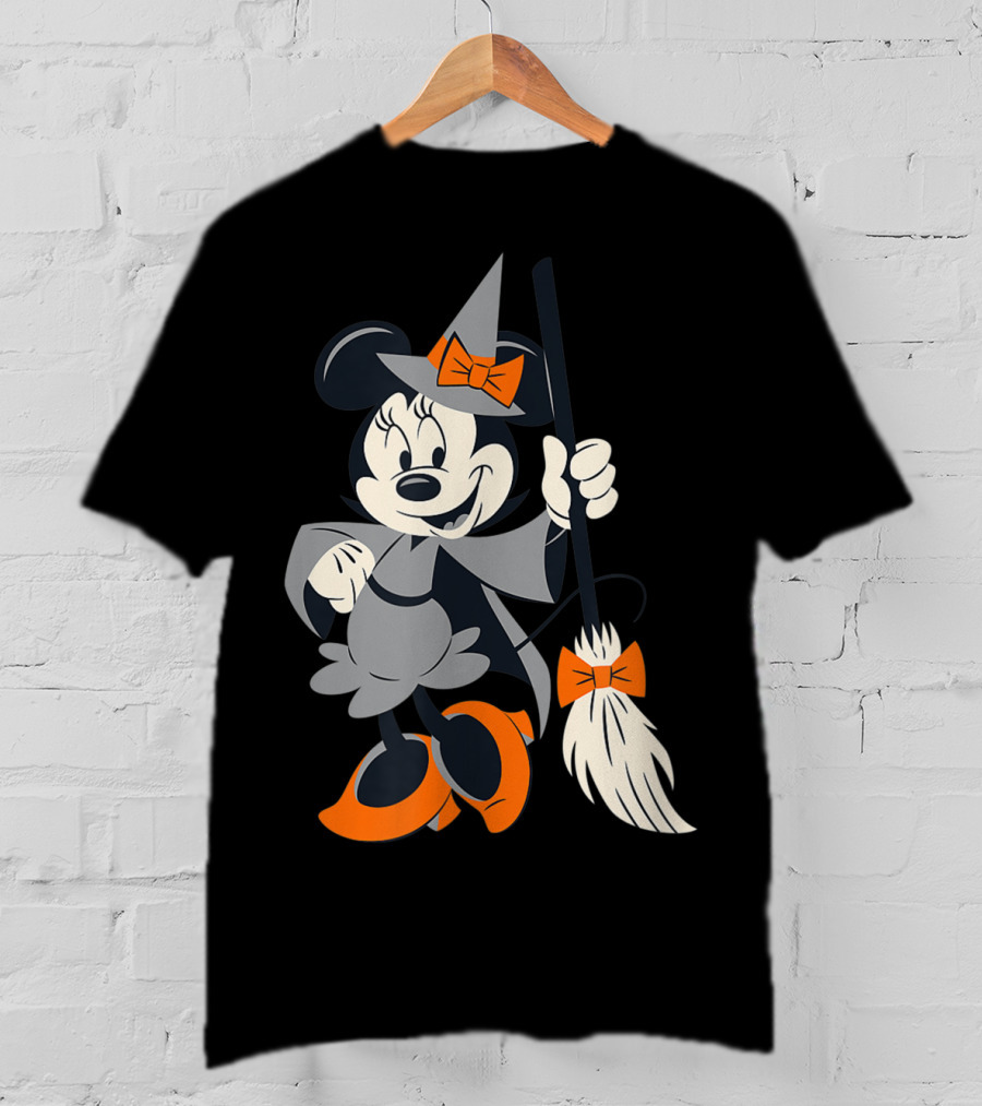 Disney Halloween Minnie Mouse Witch Costume Broomstick Orange Bows T-Shirt