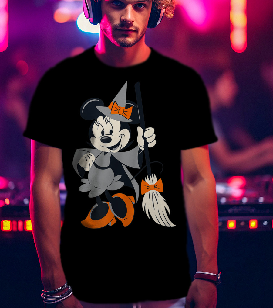 Disney Halloween Minnie Mouse Witch Costume Broomstick Orange Bows T-Shirt