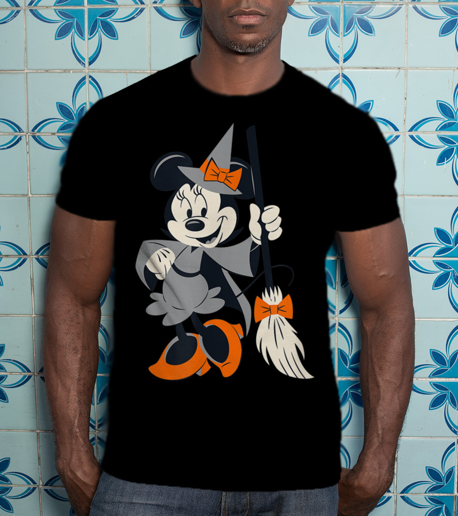 Disney Halloween Minnie Mouse Witch Costume Broomstick Orange Bows T-Shirt