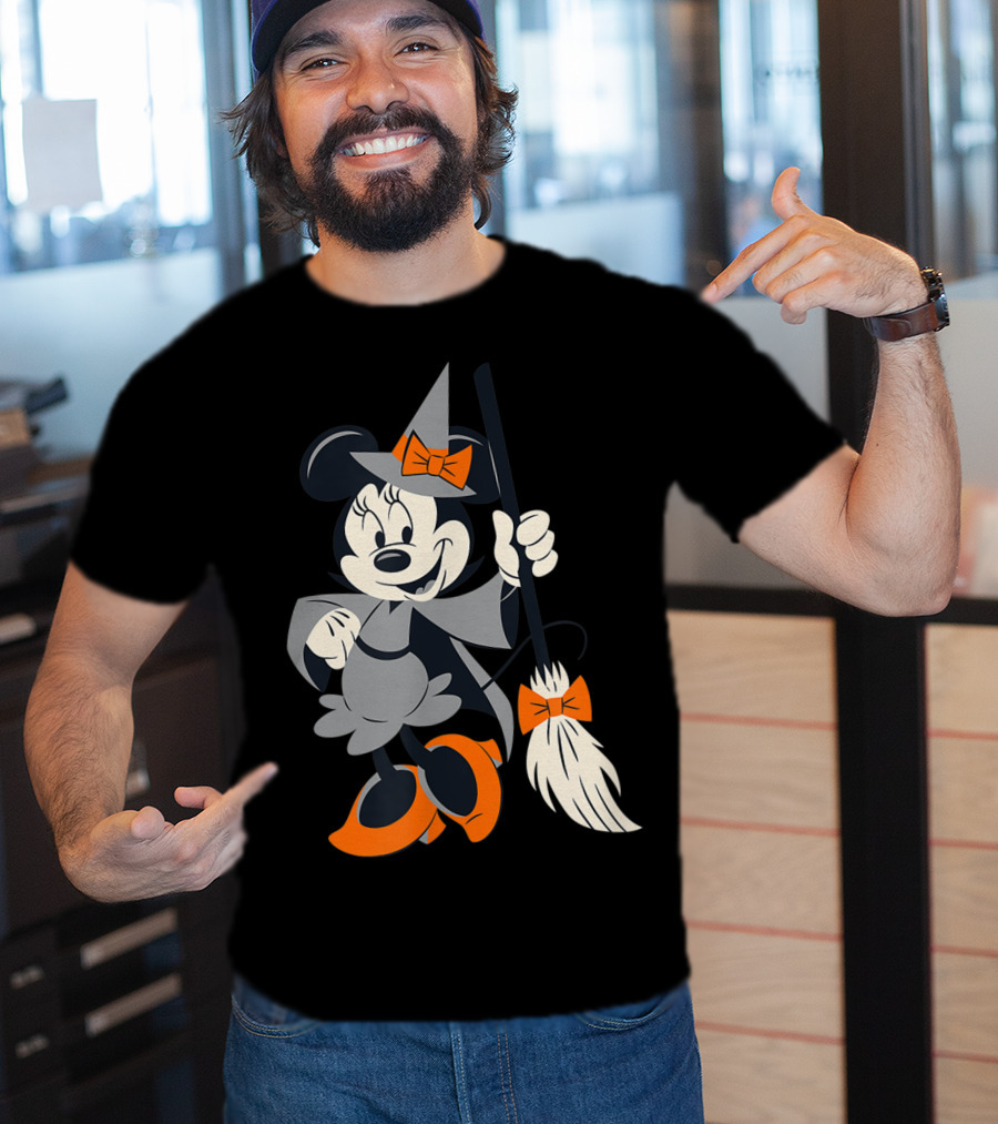 Disney Halloween Minnie Mouse Witch Costume Broomstick Orange Bows T-Shirt