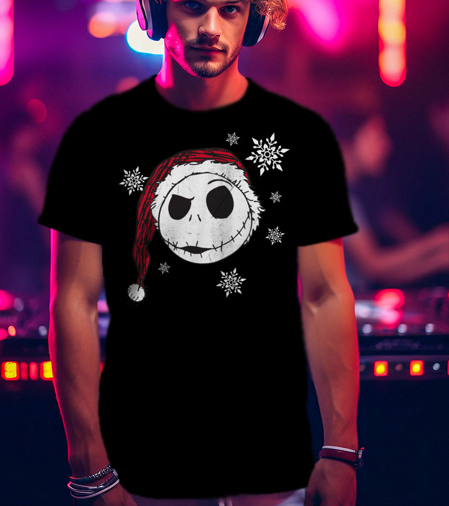 Disney Jack Skellington Santa Hat Snowflakes T-Shirt