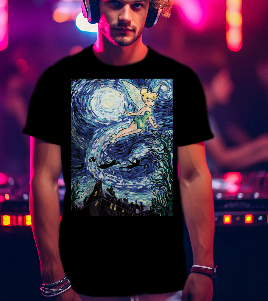 Disney Peter Pan Tinker Bell Starry Night Van Gogh Style Flight Scene T-Shirt