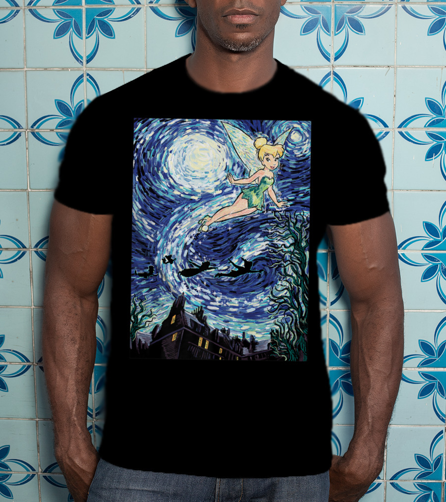 Disney Peter Pan Tinker Bell Starry Night Van Gogh Style Flight Scene T-Shirt