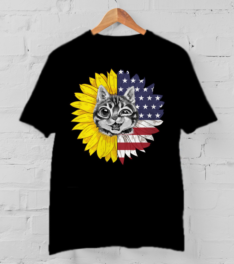 CAT LOVERS Sunflower American Flag Winking Cat T-Shirt