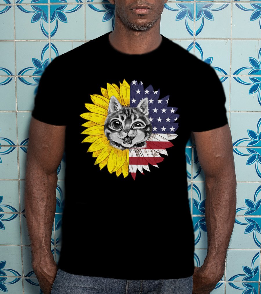 CAT LOVERS Sunflower American Flag Winking Cat T-Shirt