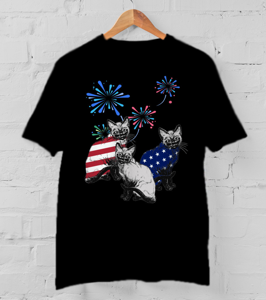 SiameseJuly Cats With Fireworks And American Flag T-Shirt