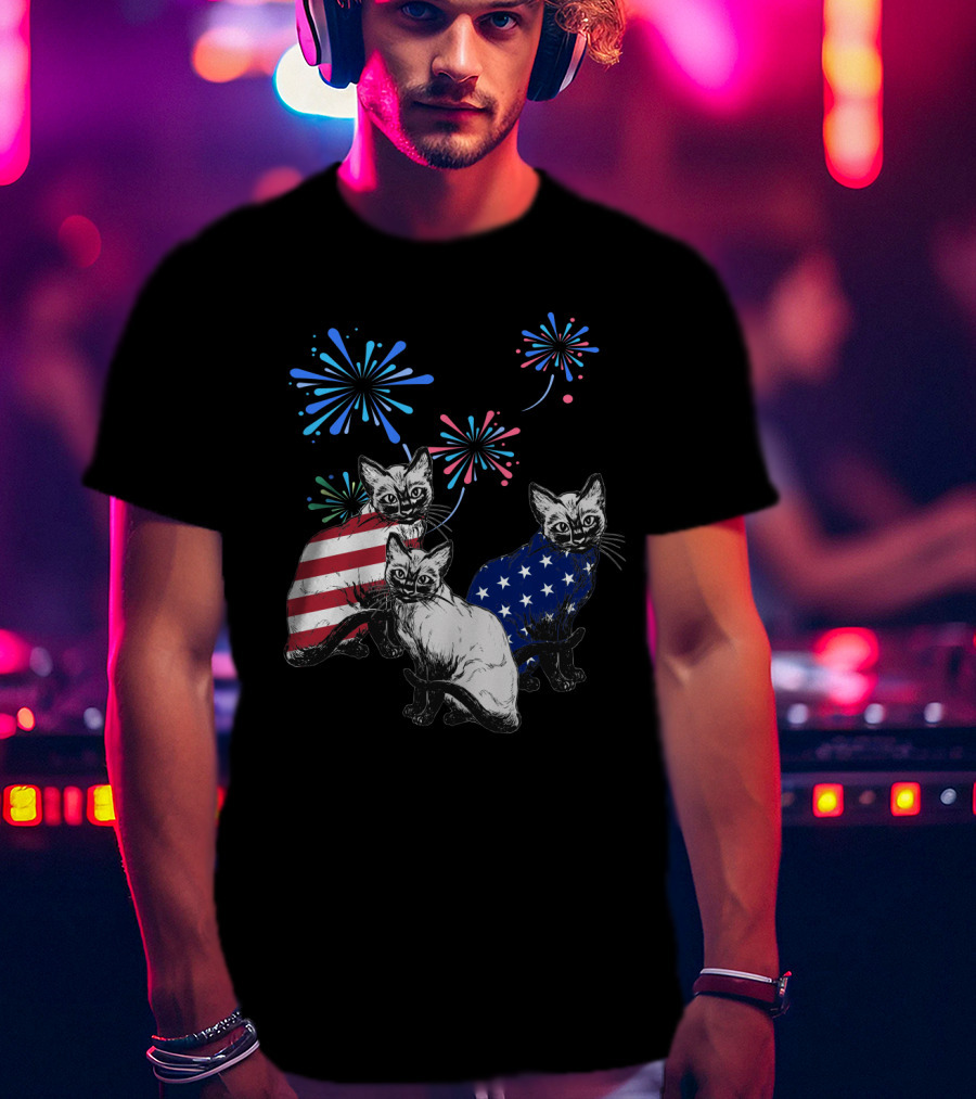 SiameseJuly Cats With Fireworks And American Flag T-Shirt