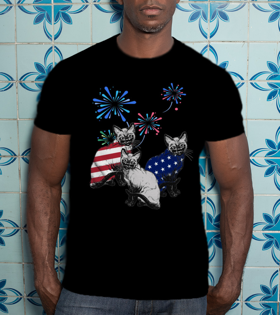 SiameseJuly Cats With Fireworks And American Flag T-Shirt