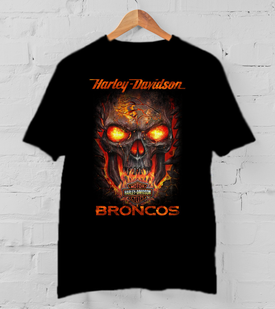 Harley Davidson Denver Broncos Motorcycles Fiery Skull T-Shirt