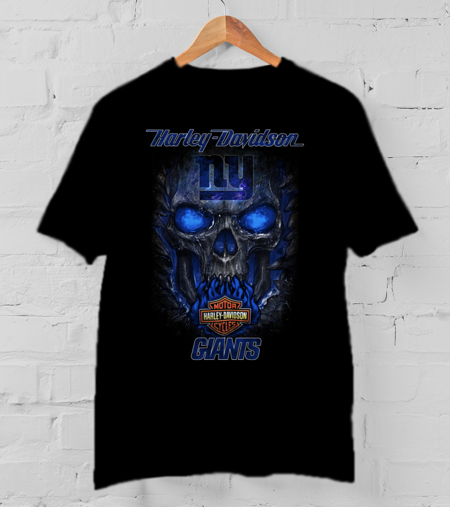Harley Davidson New York Giants Skull And Motor Cycles T-Shirt