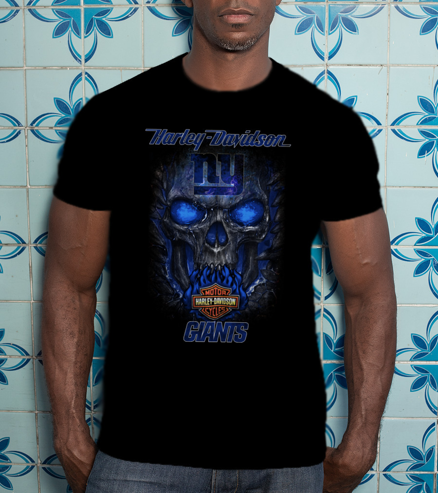 Harley Davidson New York Giants Skull And Motor Cycles T-Shirt