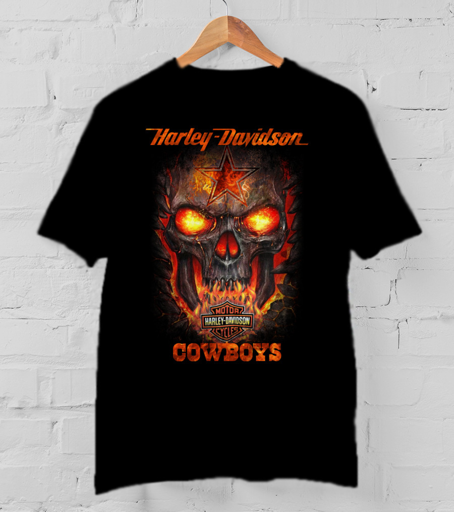Harley Davidson Cowboys Skull With Star Emblem Flames T-Shirt