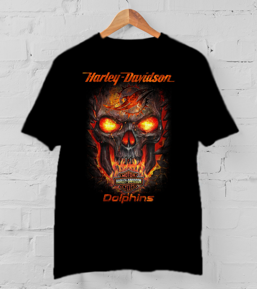 Harley Davidson Miami Dolphins Fiery Skull Logo Motorcycles T-Shirt