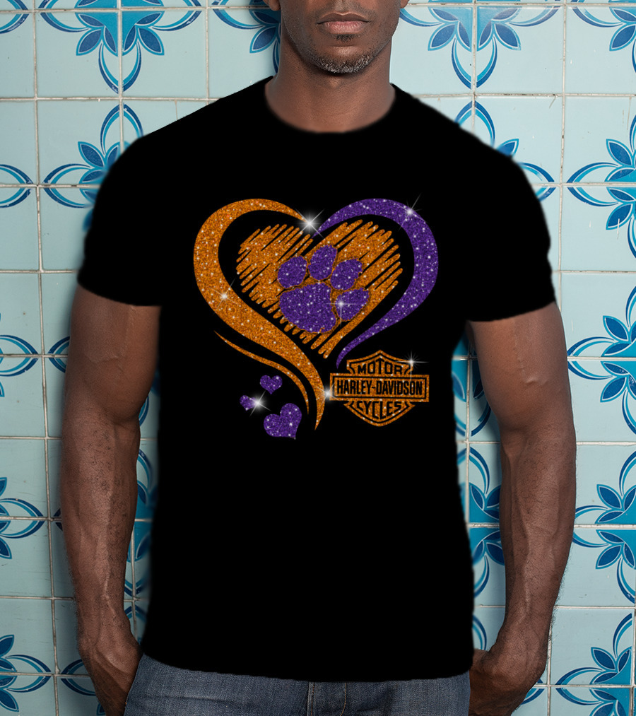 Clemson Tigers Purple Paw Heart Harley Davidson T-Shirt