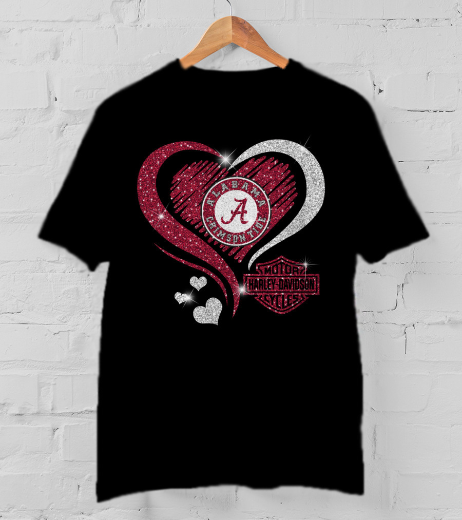 Alabama Crimson Tide Harley Davidson Heart Glitter T-Shirt