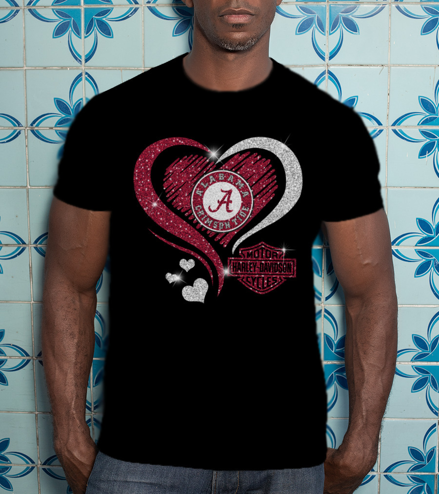 Alabama Crimson Tide Harley Davidson Heart Glitter T-Shirt