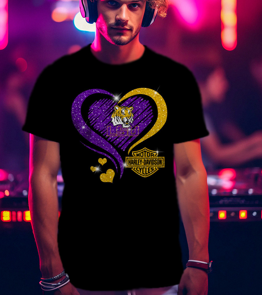 Hd Ncaa Lsu Tigers Heart Harley Davidson Motorcycle Cycles T-Shirt
