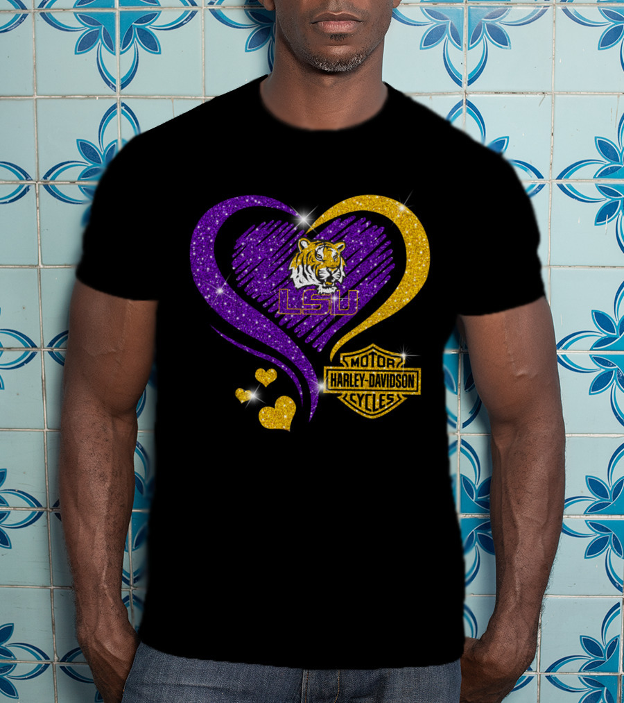 Hd Ncaa Lsu Tigers Heart Harley Davidson Motorcycle Cycles T-Shirt