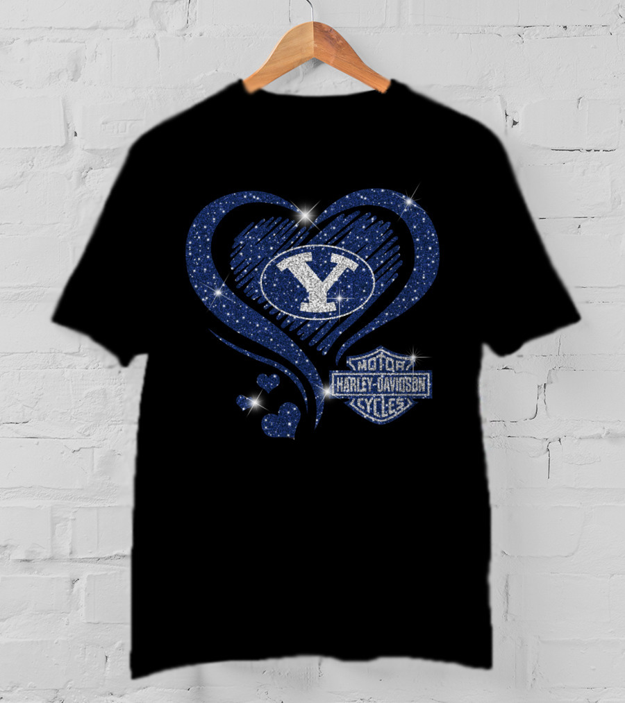 Byu Cougars Y Logo And Harley Davidson Motorcycles Blue Heart T-Shirt