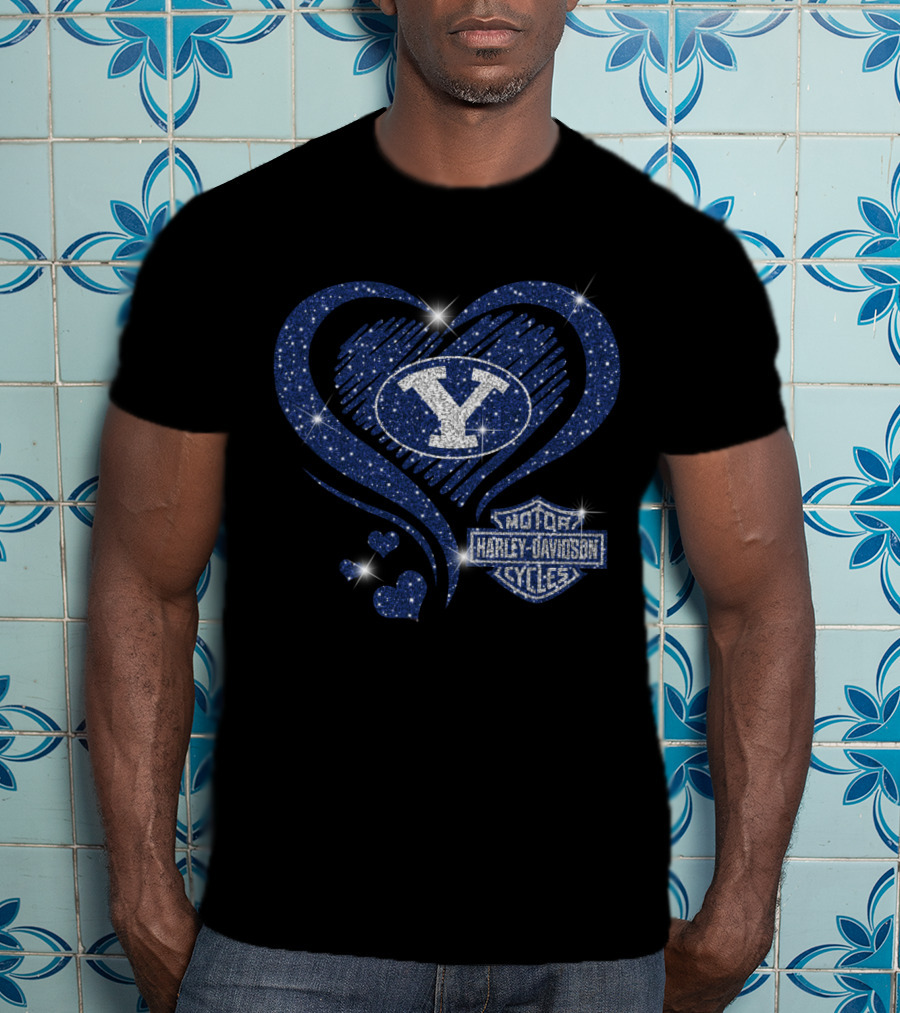 Byu Cougars Y Logo And Harley Davidson Motorcycles Blue Heart T-Shirt