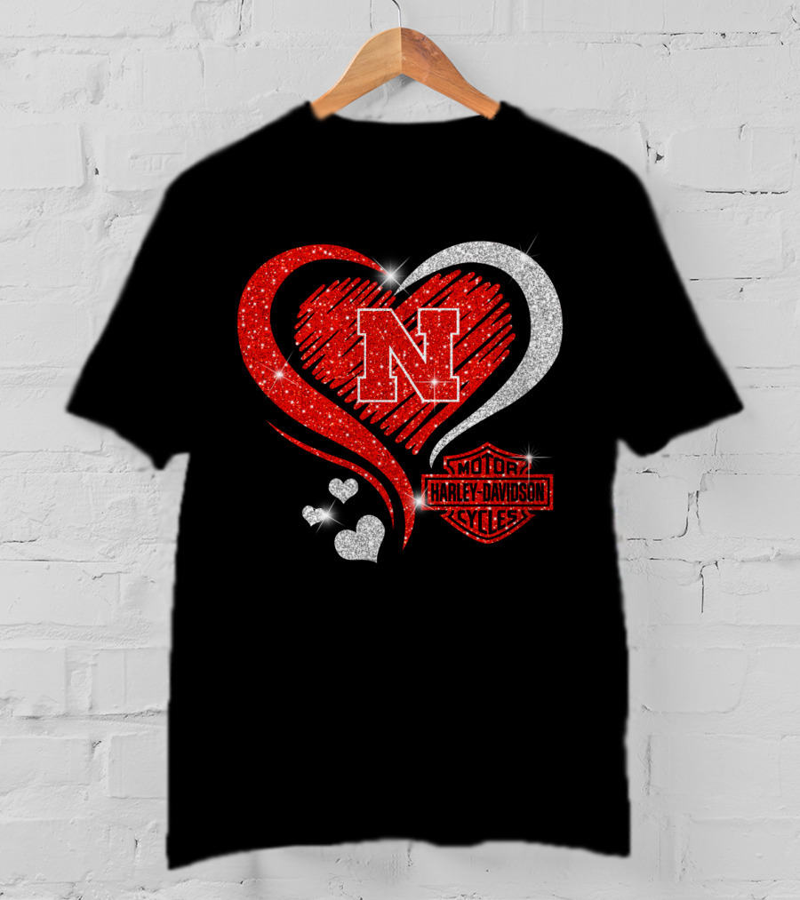 Nebraska Cornhuskers N Heart Harley Davidson Motor Cycles T-Shirt