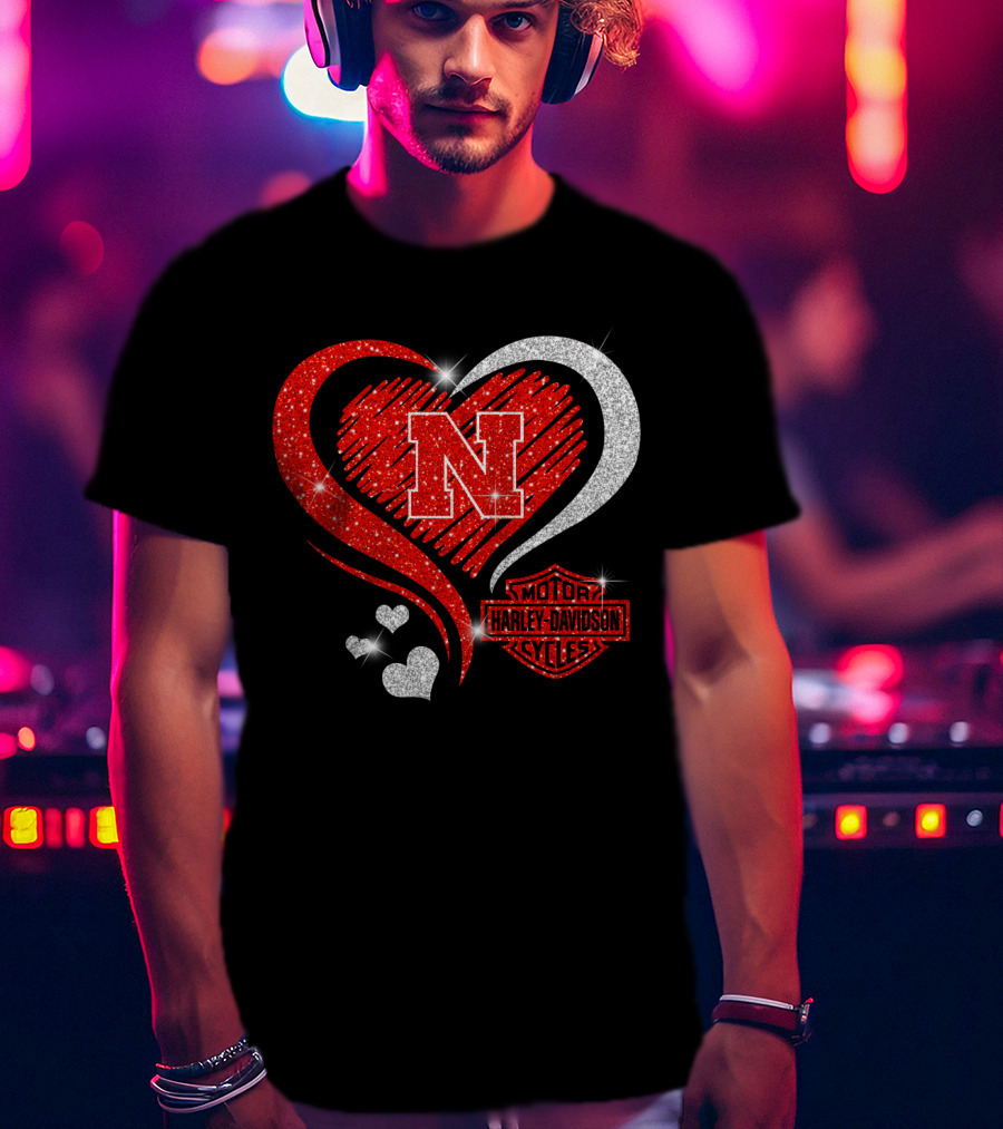 Nebraska Cornhuskers N Heart Harley Davidson Motor Cycles T-Shirt