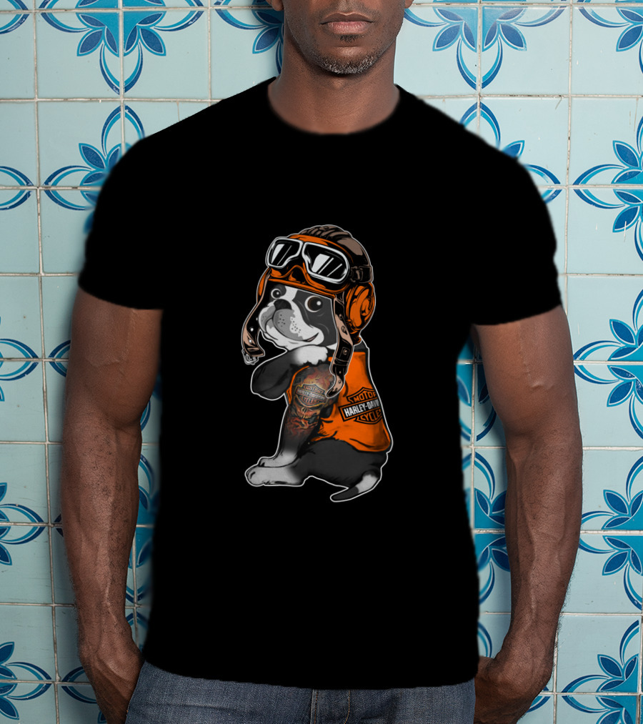 Hd Tatoo Boston Terrier Harley Davidson Moto Goggles T-Shirt