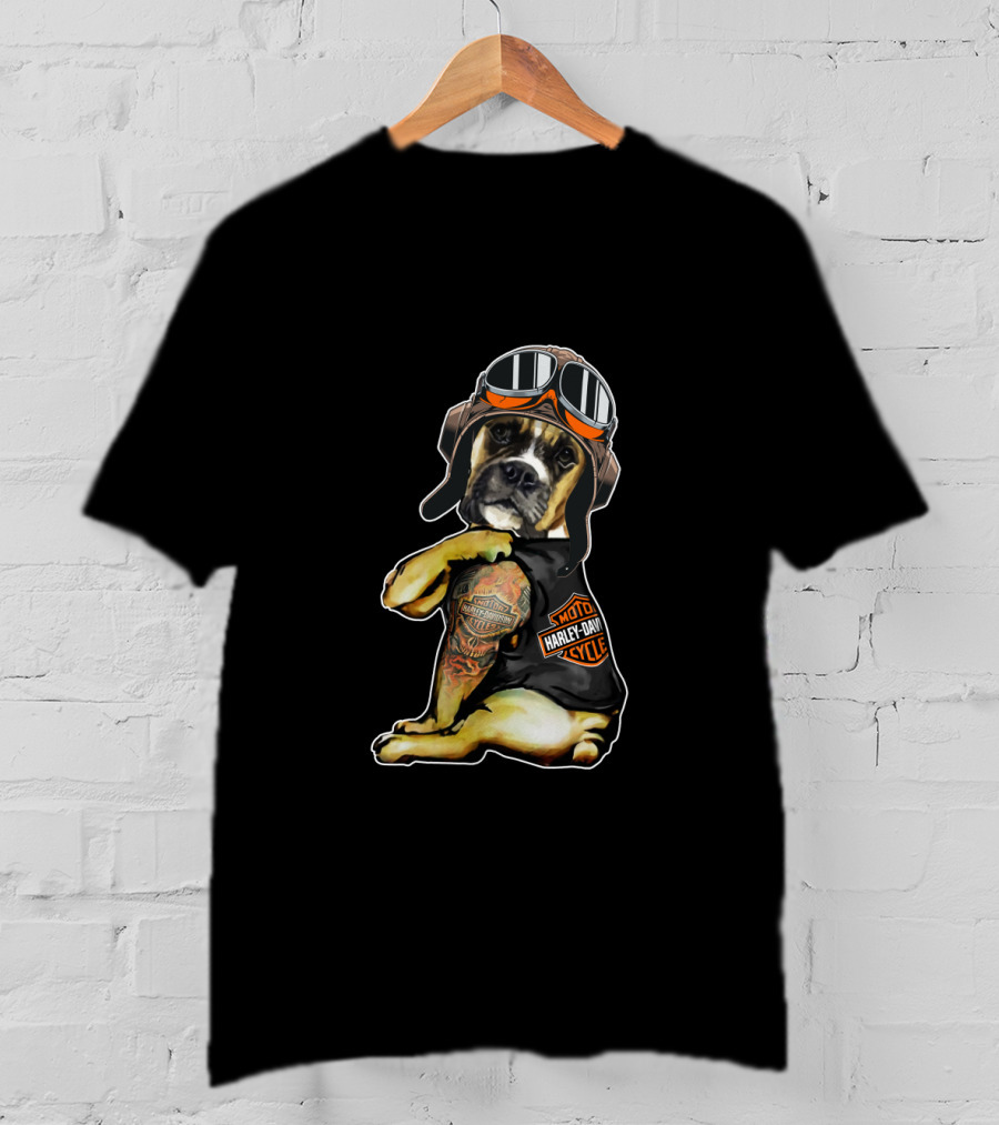 Harley Davidson Tattoo Boxer Dog With Goggles T-Shirt