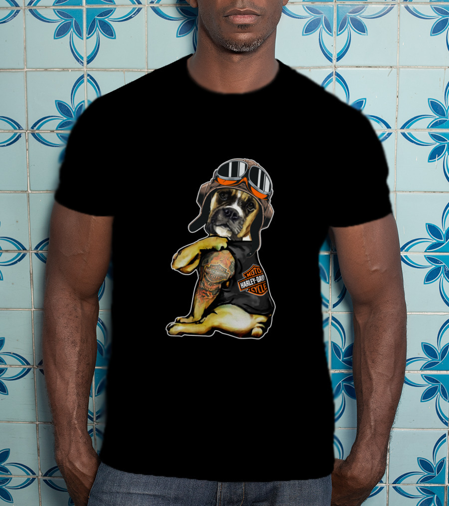 Harley Davidson Tattoo Boxer Dog With Goggles T-Shirt