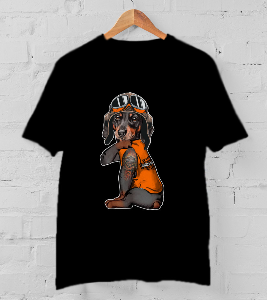 Hd Tatoo Dachshund In Harley Davidson Biker Gear T-Shirt