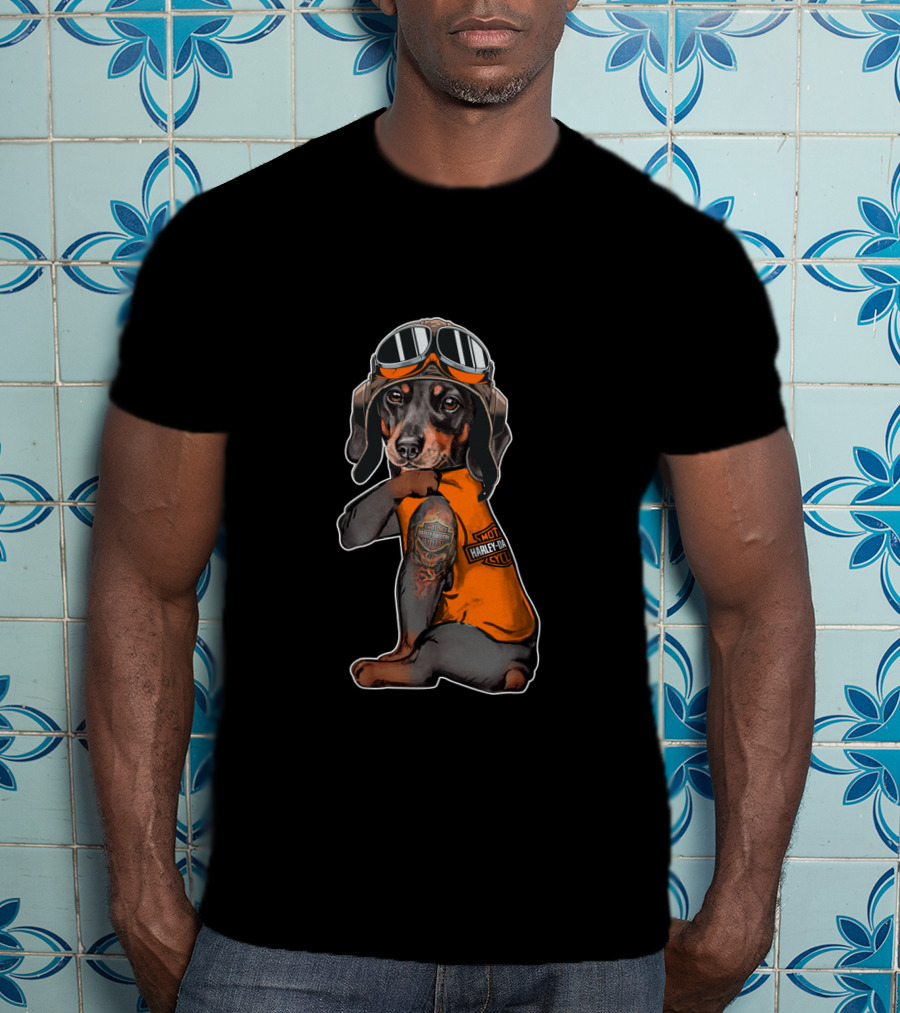 Hd Tatoo Dachshund In Harley Davidson Biker Gear T-Shirt