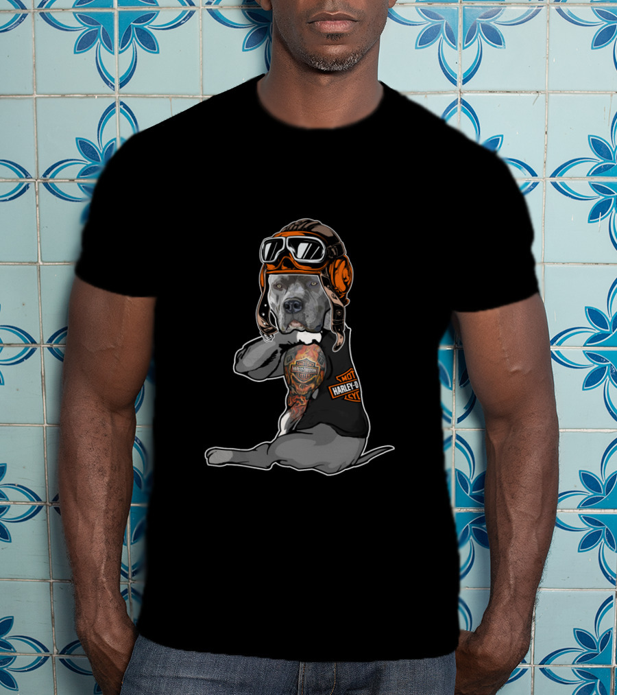 Harley Davidson Pitbull Wearing Aviator Helmet With Tattoo T-Shirt