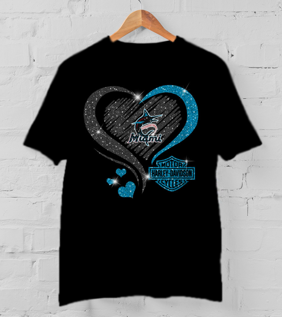 Miami Marlins Heart Sparkle Harley Davidson T-Shirt