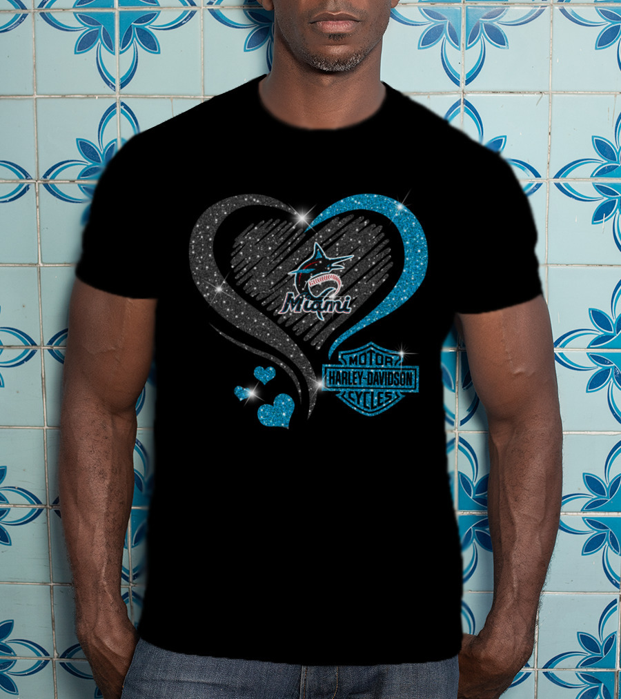 Miami Marlins Heart Sparkle Harley Davidson T-Shirt