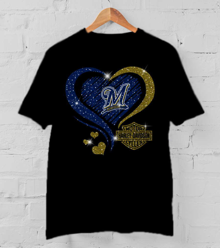 Milwaukee Brewers Heart With Harley Davidson T-Shirt