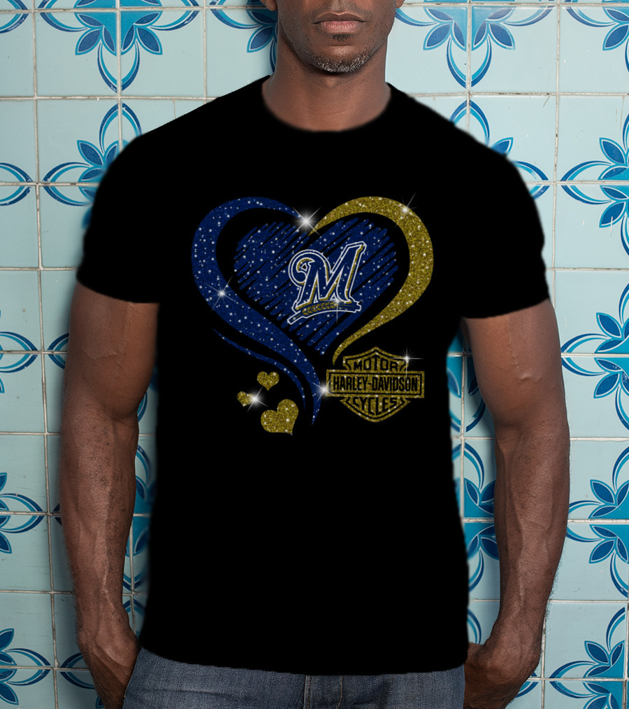 Milwaukee Brewers Heart With Harley Davidson T-Shirt