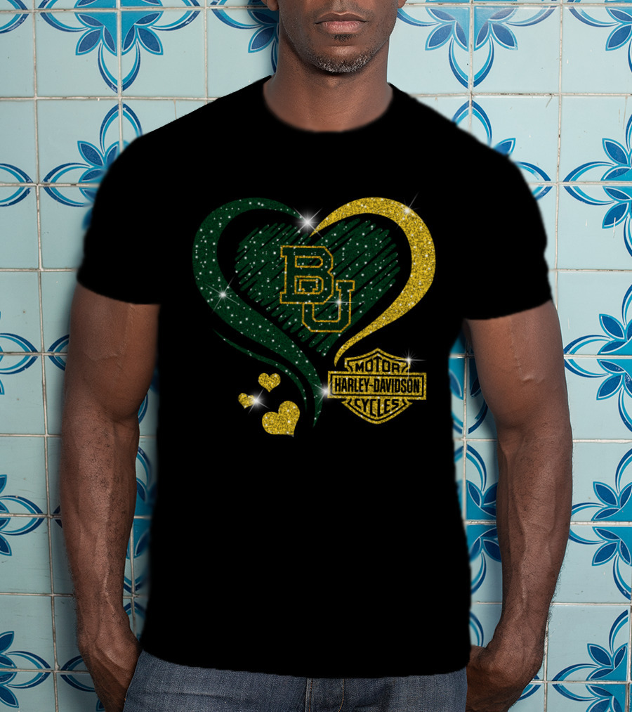 Bu Baylor Bears Harley Davidson Sparkling Heart T-Shirt