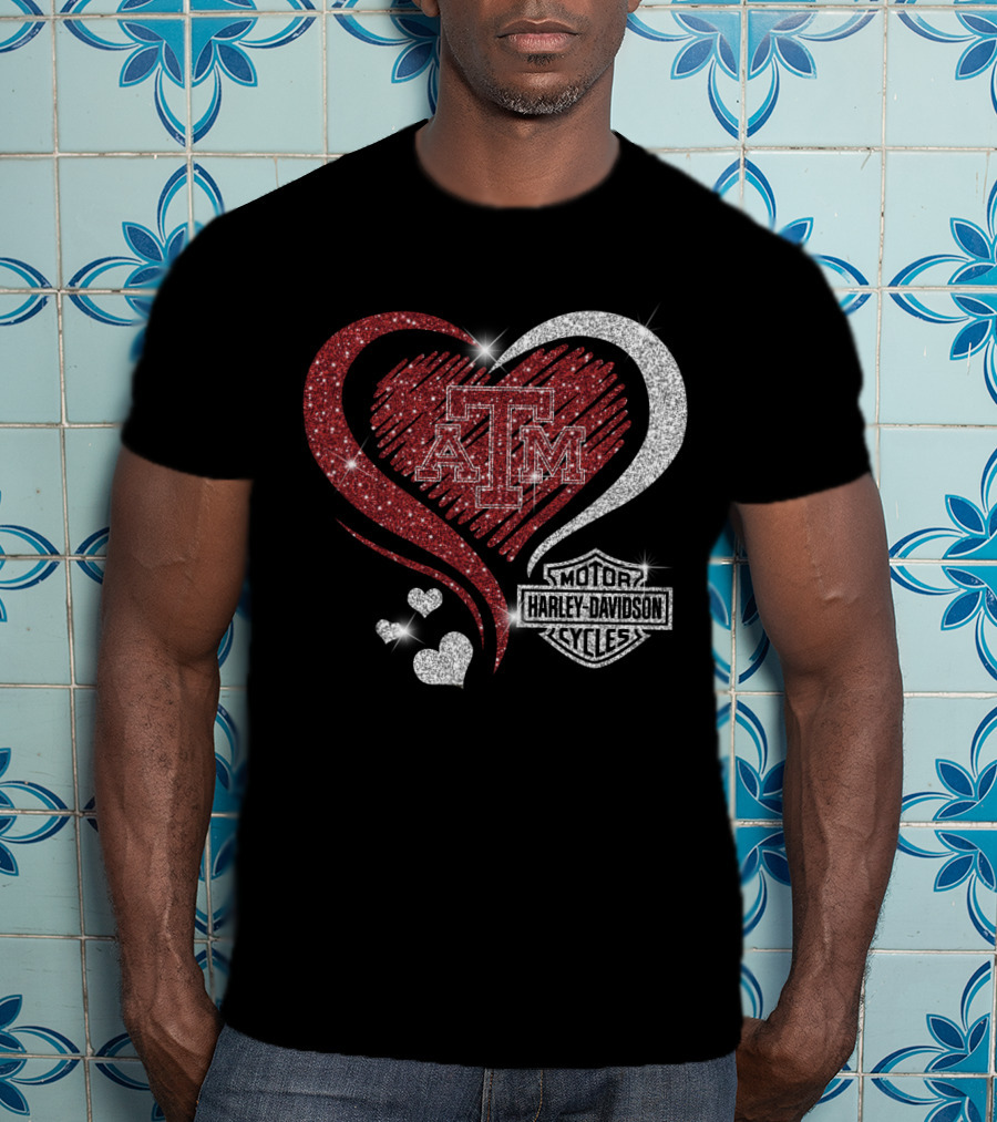 Atm Texas A&M Aggies Harley Davidson Motor Cycles Sparkling Heart T-Shirt