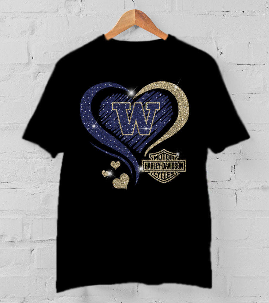 W Washington Huskies Harley Davidson Motorcycles Sparkling Heart T-Shirt