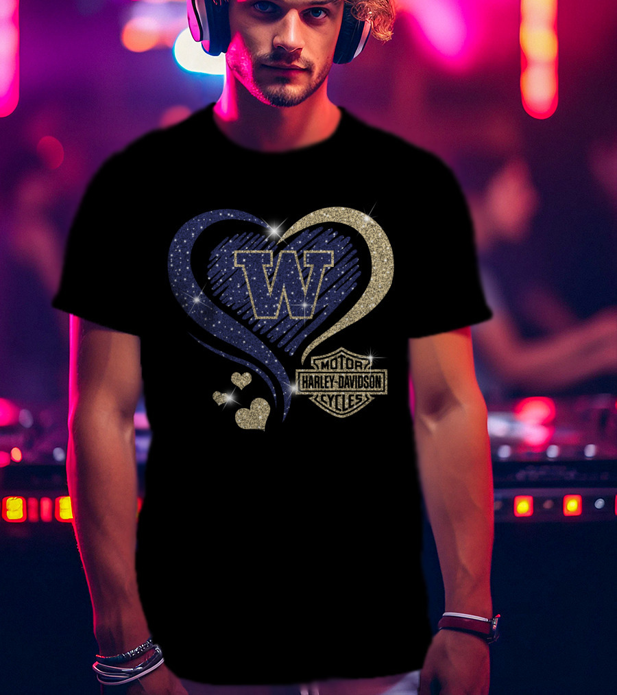 W Washington Huskies Harley Davidson Motorcycles Sparkling Heart T-Shirt