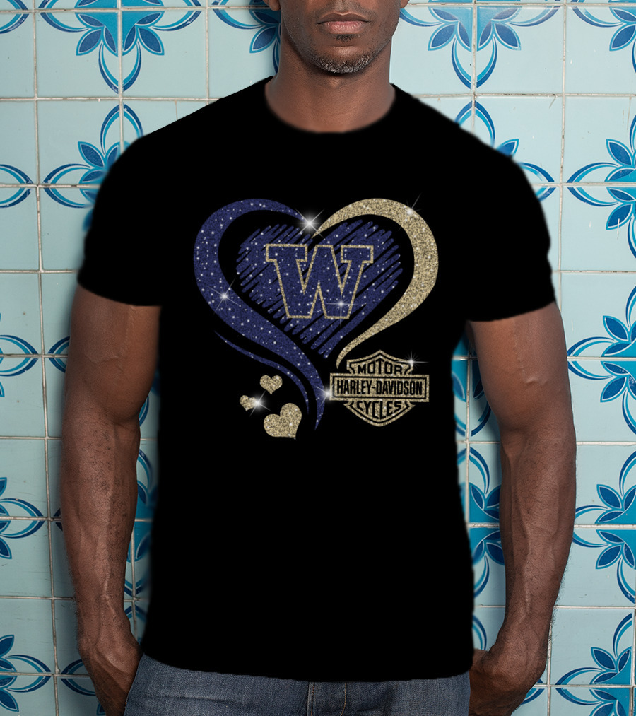 W Washington Huskies Harley Davidson Motorcycles Sparkling Heart T-Shirt